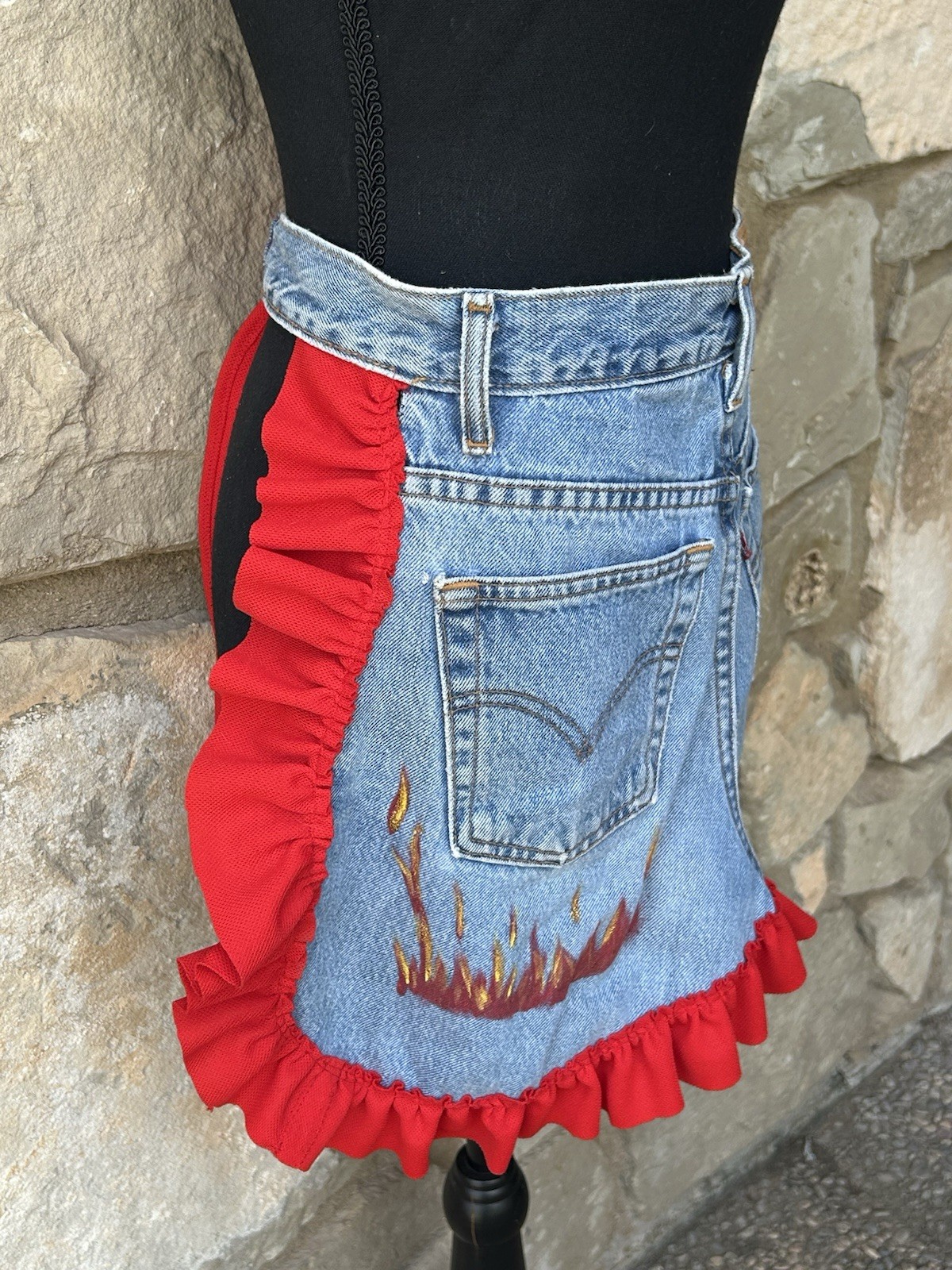 Upcycled Vintage Levis Denim Jeans Apron Handmade Red Ruffle and Tie Excellent