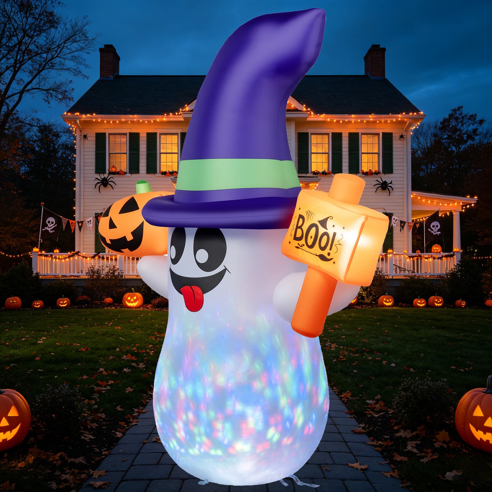 5FT Inflatable Halloween Cute Ghost with Pumpkin LED Blow Up Inflatables Yard