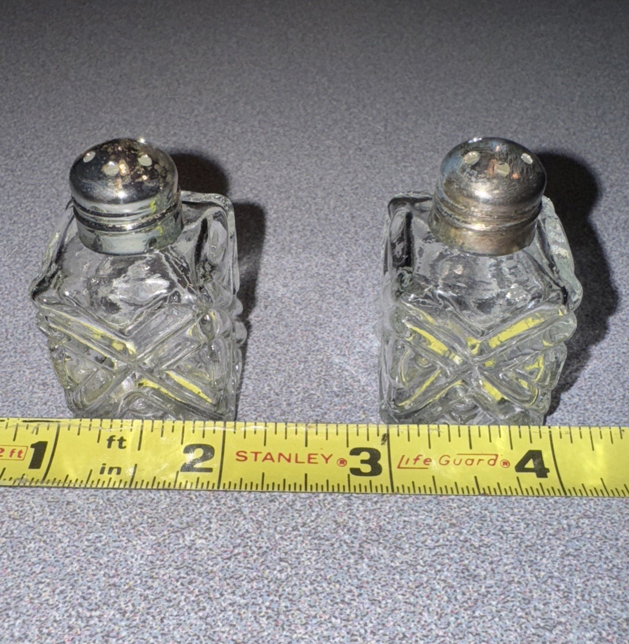 Miniature Clear Glass Salt and Pepper Shakers (Pair); Silver Plated Tops