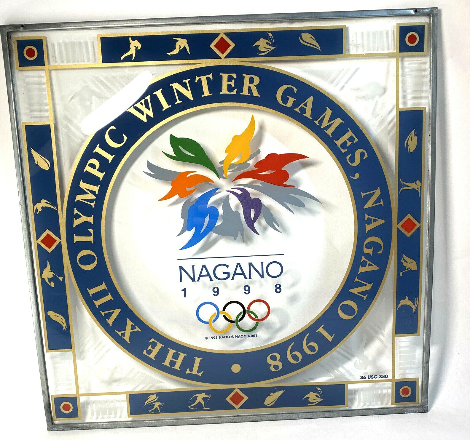 Vintage 1998 Nagano Olympic Winter Games Glass Advertising Window Sign 16.5x16.5