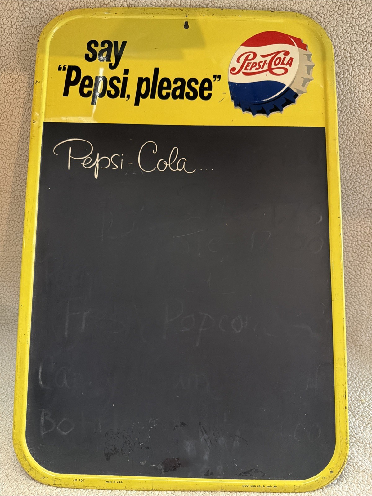 Vintage 1960s Pepsi-Cola Say Pepsi Please Metal Chalkboard Sign M-167 Stout