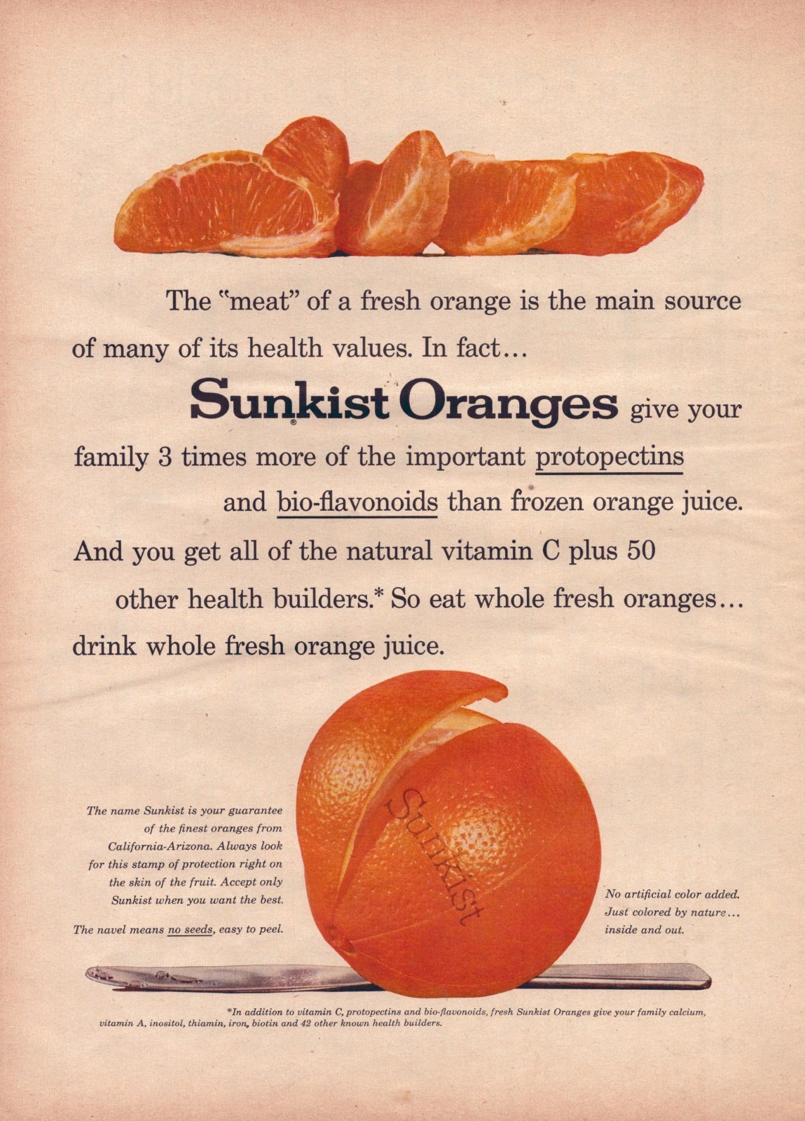 1960 Sunkist Oranges Print Ad Fruit Nutrition Knife Peel California Arizona