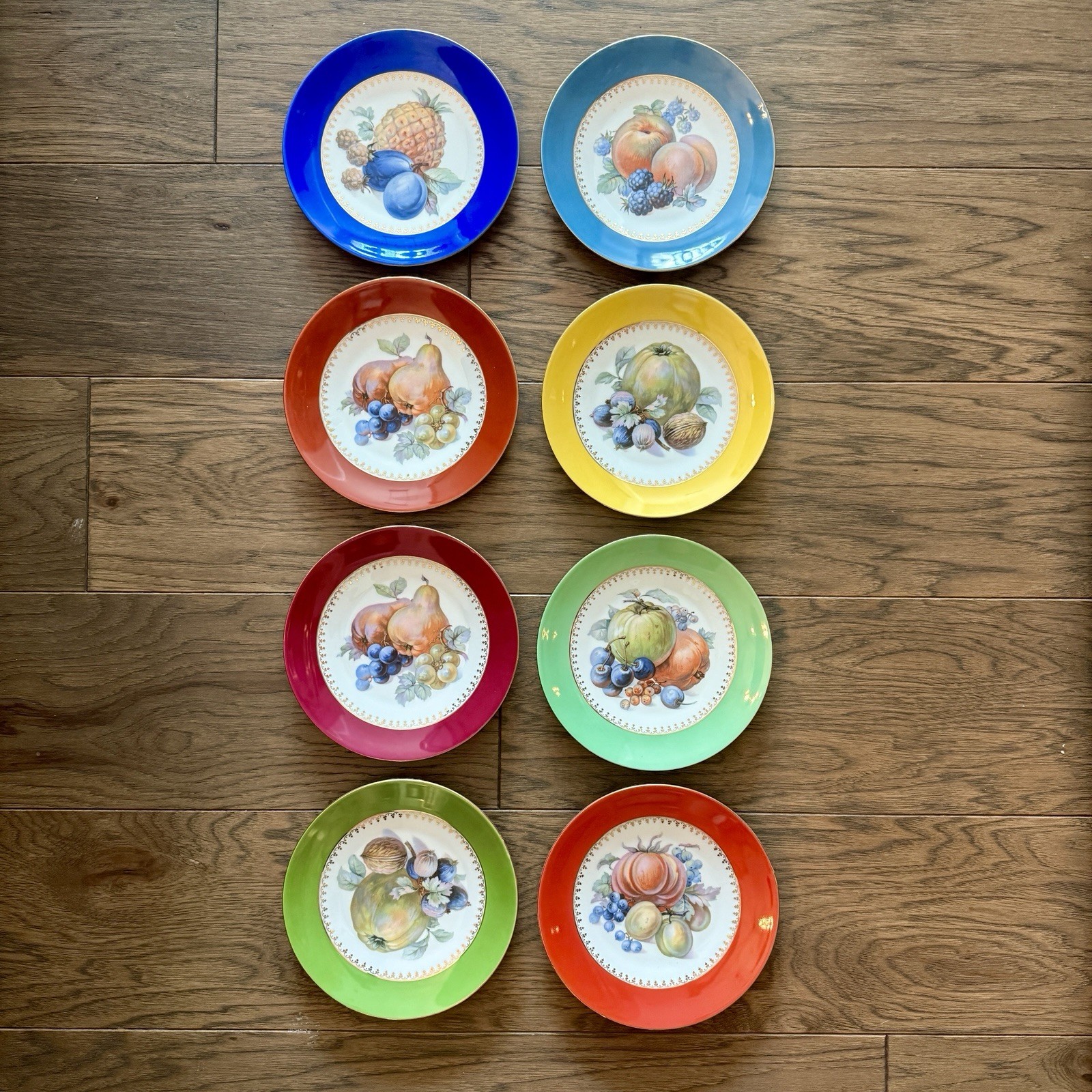 Vintage Puls Germany Fruit Plates Multicolor w/ Gold Rims 8” (set/8) 1930s-1940s