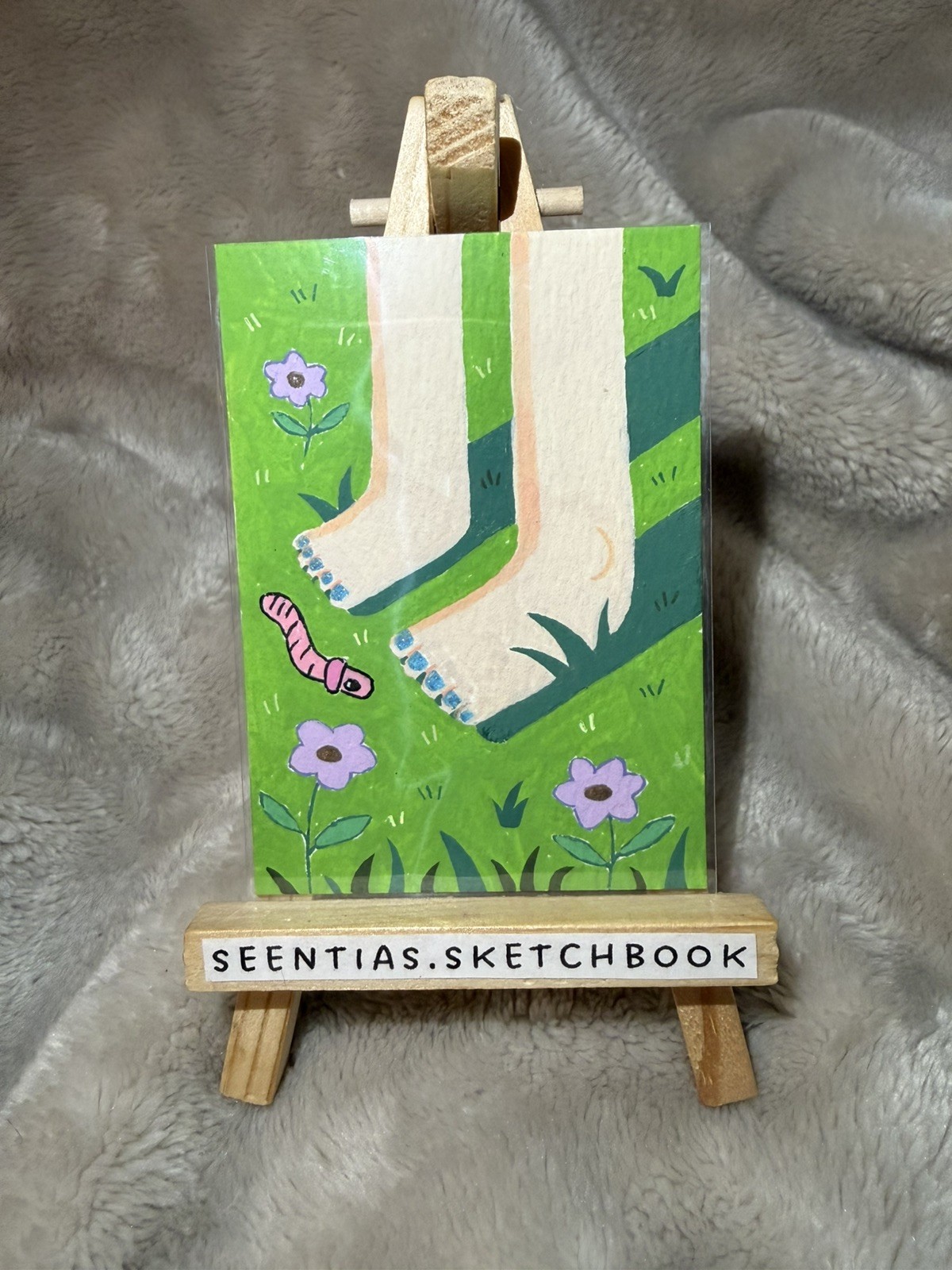 OOAK ACEO - Touching Grass Worm White Girl - Nature - Mixed Media - Original Art