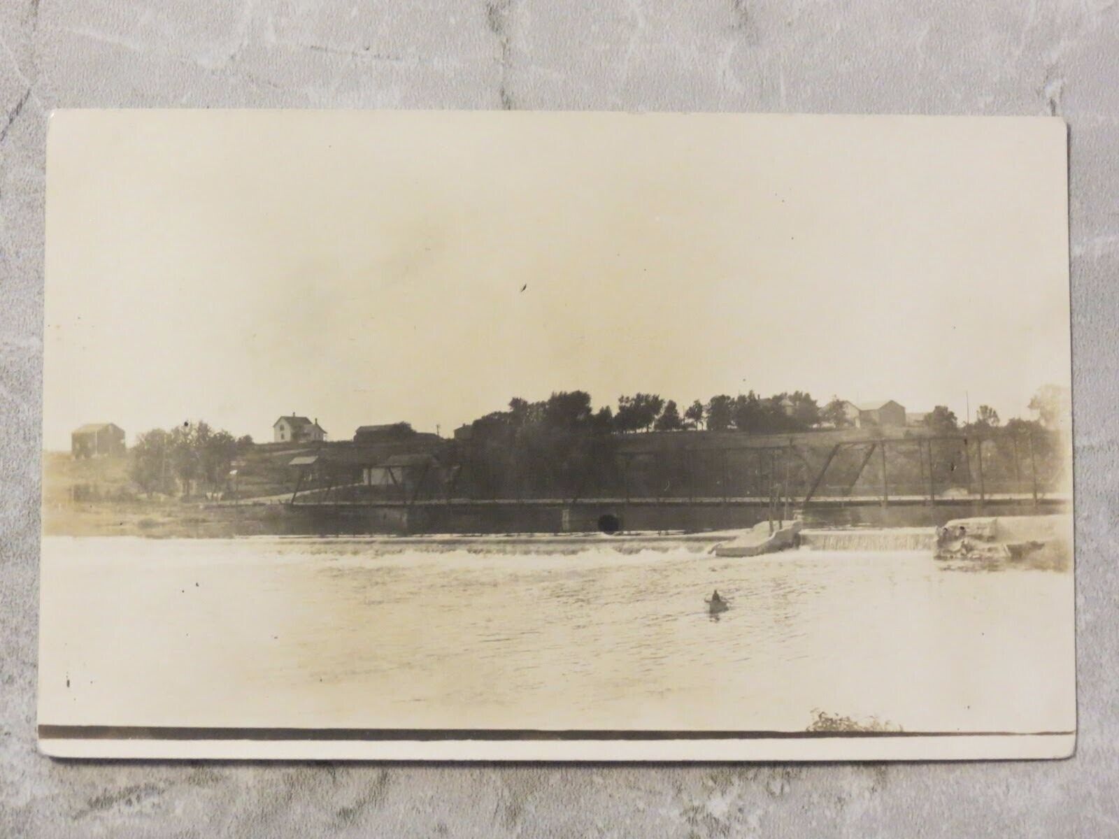 Vintage 1907-18 RPPC Postcard: Large Dam & Bridge, Man in Rowboat, U.S. River