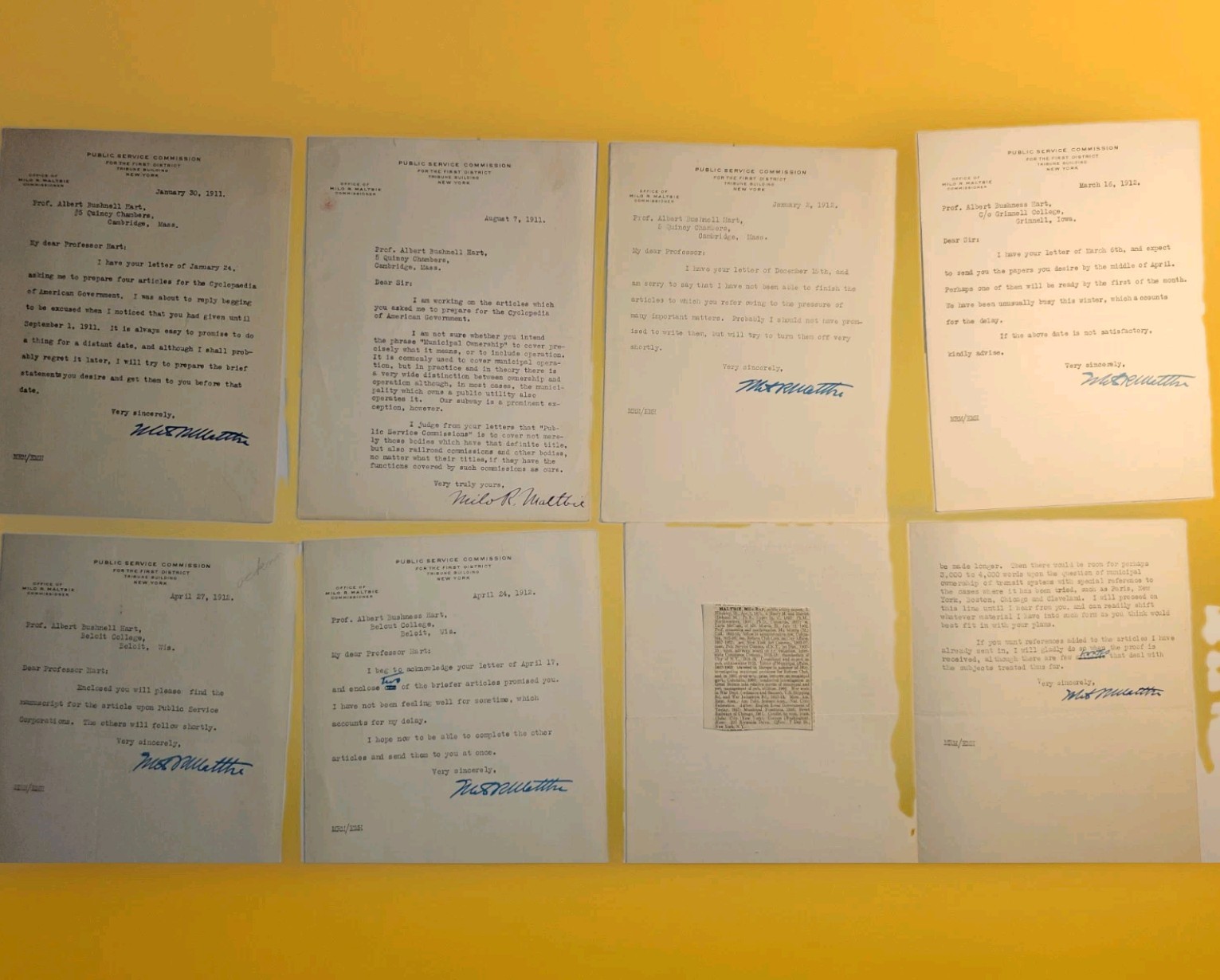 Milo R Maltbie 7 Signed Letters to Harvard Historian Albert B Hart 1911-12