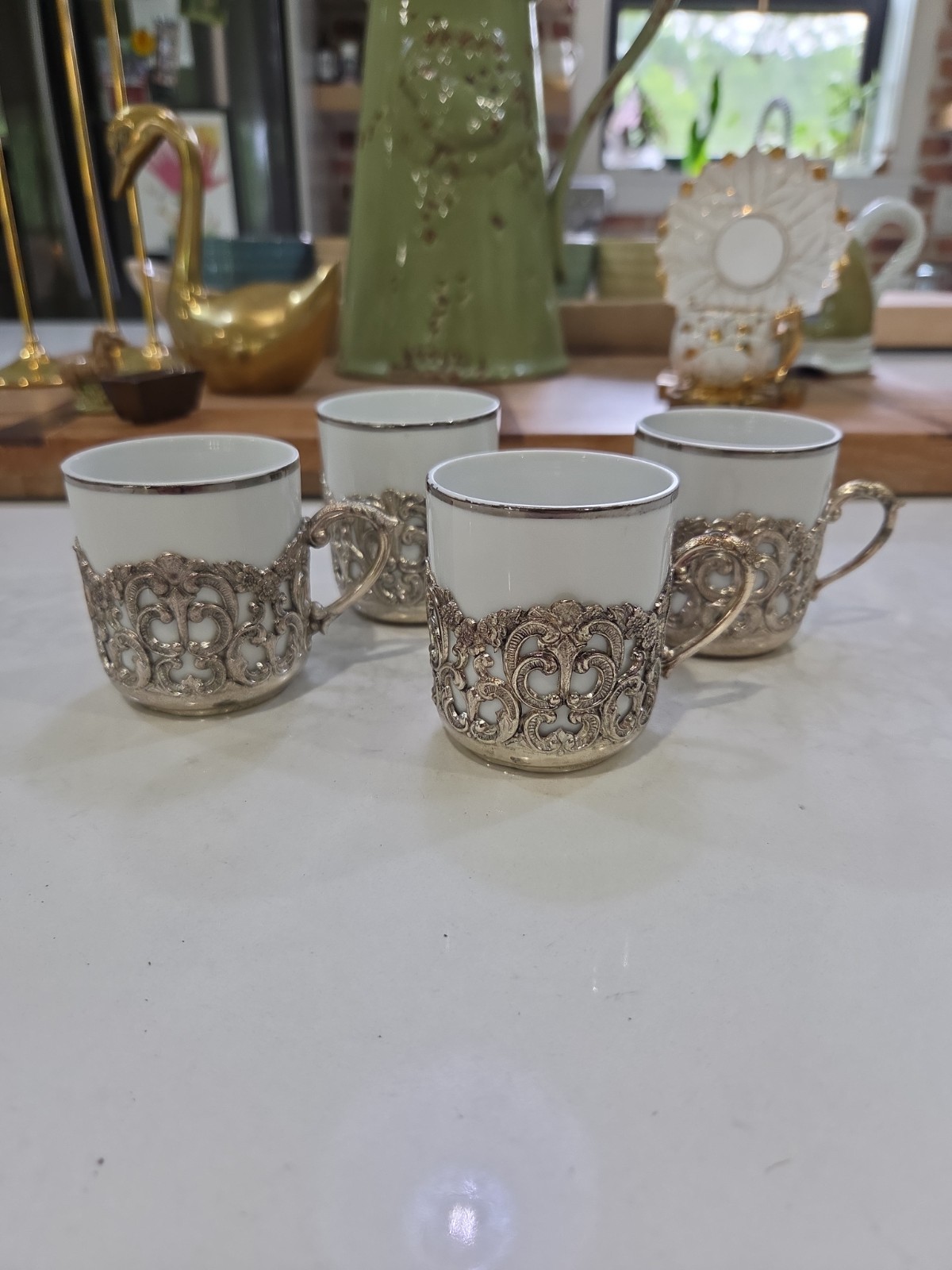 4 Vintage Raimond Japan Silver Plated Ceramic Espresso Tea Cups Filigree Handles 4 Vintage Raimond Japan Silver Plated Ceramic Espresso Tea Cups Filigree Handles