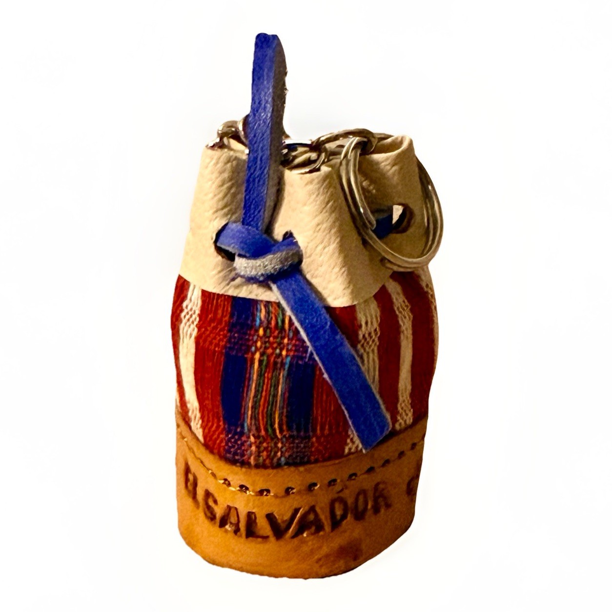 VTG El Salvador Miniature Bucket Bag Keychain Leather Woven Art Souvenir 1.5”