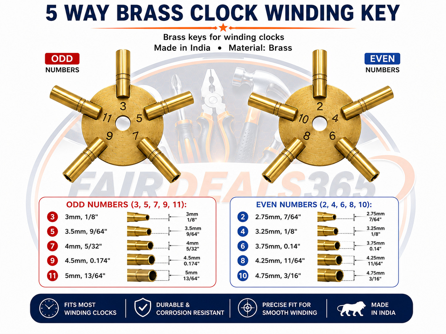Universal Brass Clock Key for Winding Clocks 5 Prong Even & ODD Numbers