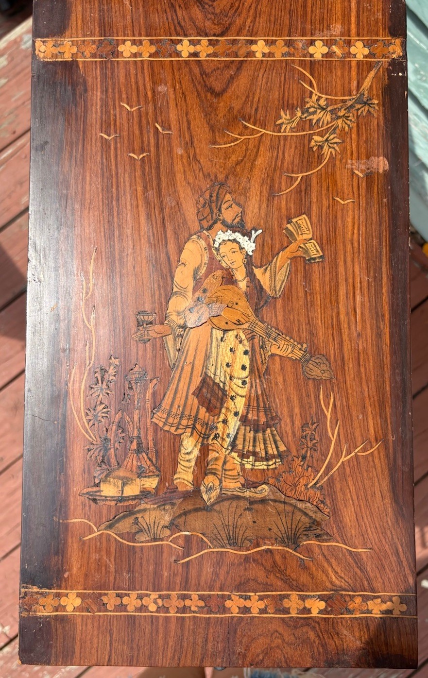 Vintage Persian Marquetry Inlaid Wood Panel Omar Khayyam Rubaiyat Lovers 17x10”