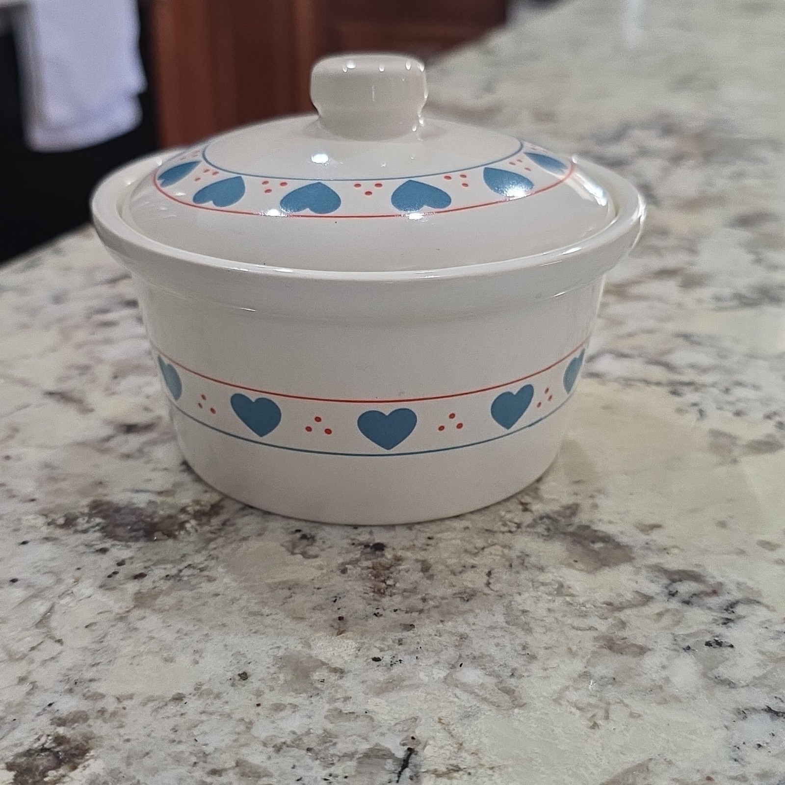 1980's Lullian Vernin Vintage Ceramic Canister White with Blue Hearts 