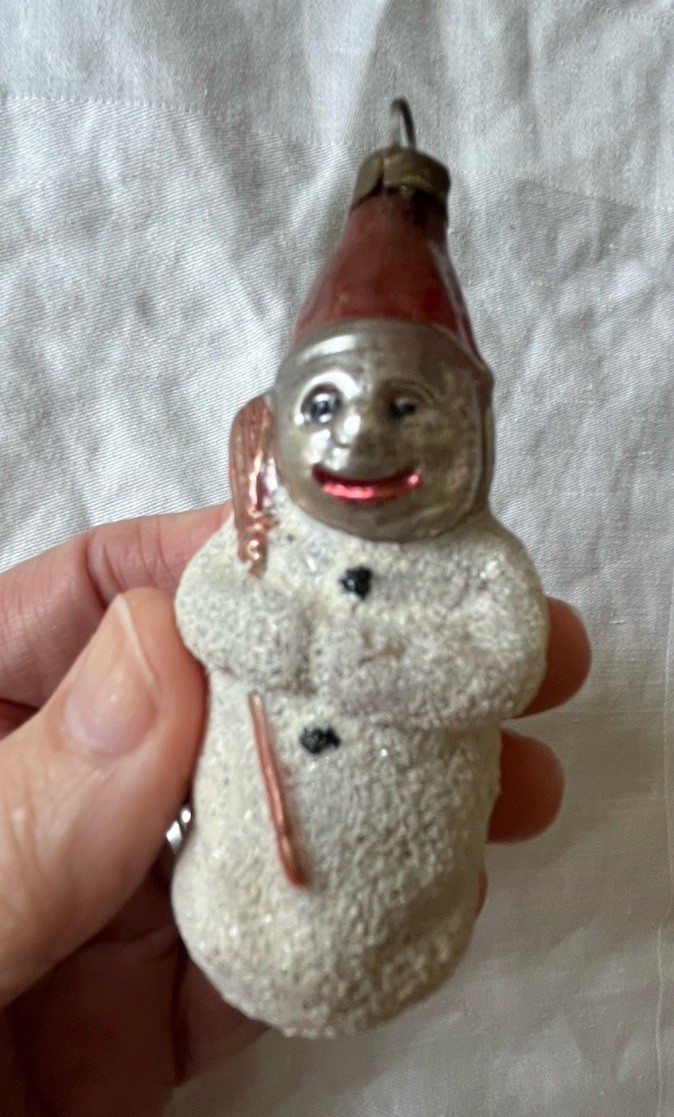 Antique 1900s German Glass Christmas Ornament Mica Snowman Red Hat Broom 3 1/4”