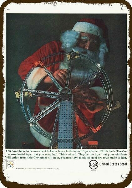 1961 UNITED STATES STEEL USS Vintage Look DECORATIVE METAL SIGN - SANTA CLAUS & 