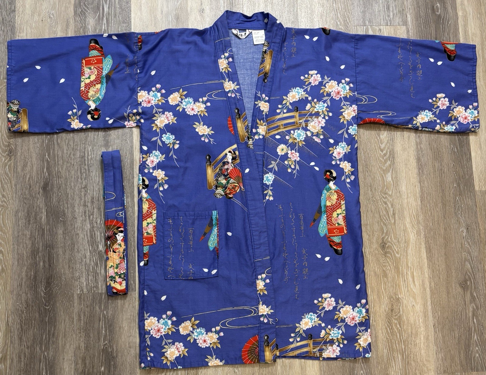 Vintage Juguemm Japanese Yukata Kimono Geisha Cherry Blossom Obi Belt Cotton 35’