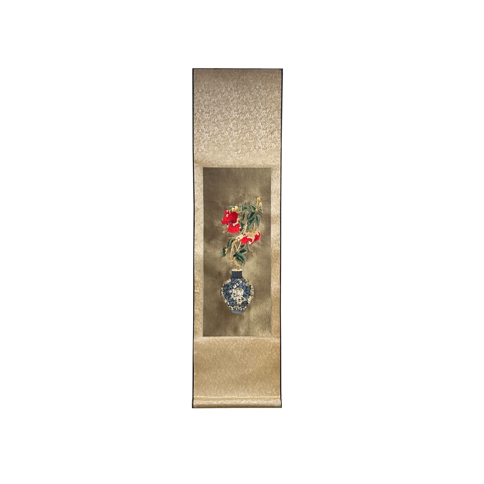 Chinese Red Flower Vase Embroidery Scroll Painting Wall Art ws4778