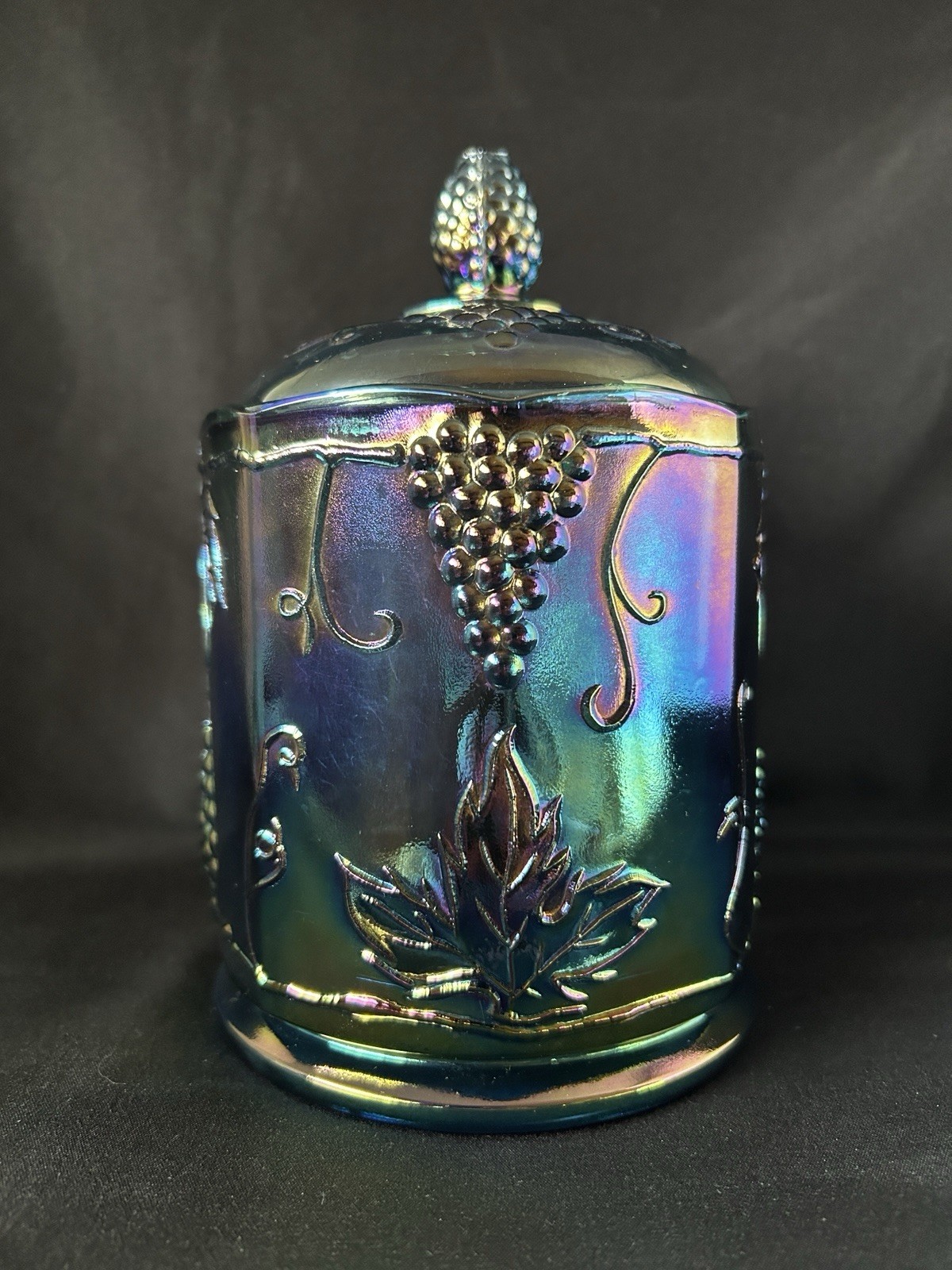 Vintage Indiana Glass Harvest Grape Blue Carnival Glass Canister Jar With Lid