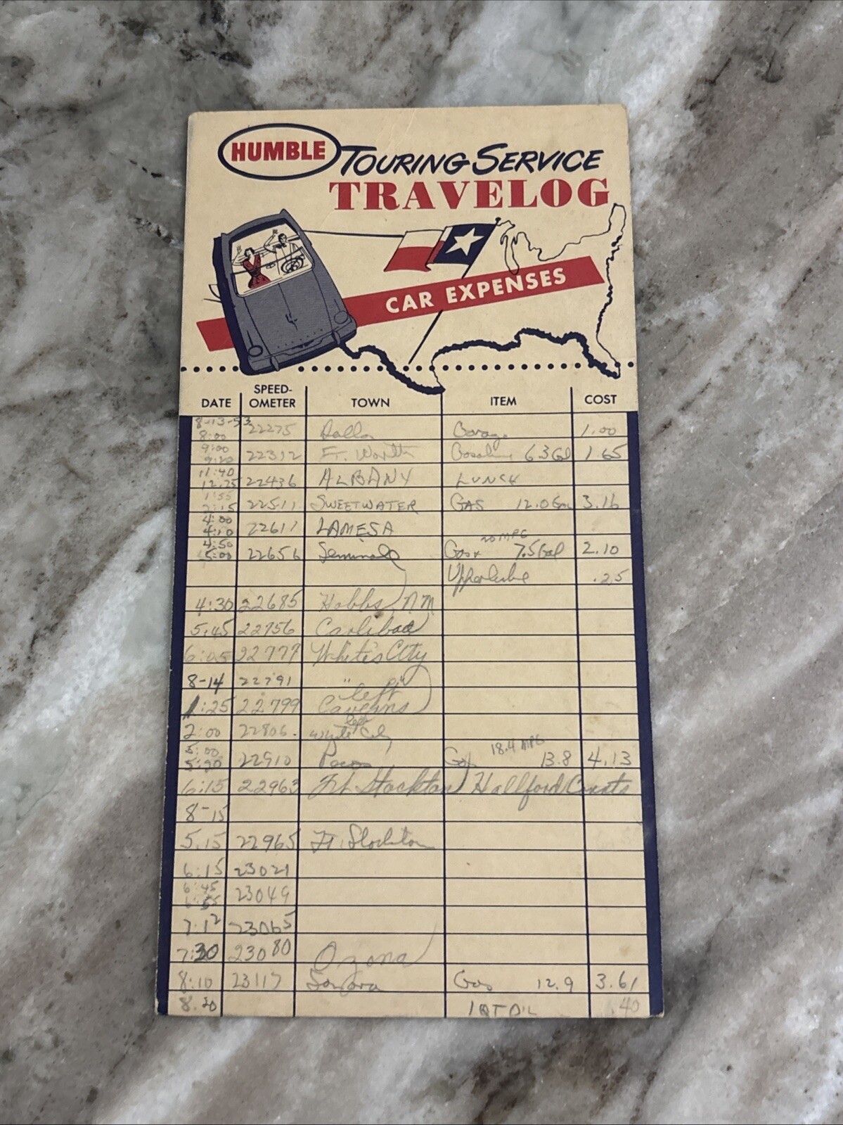 Vintage 1950s Humble Travel Service Log 1953 Texas Gasoline Oil 