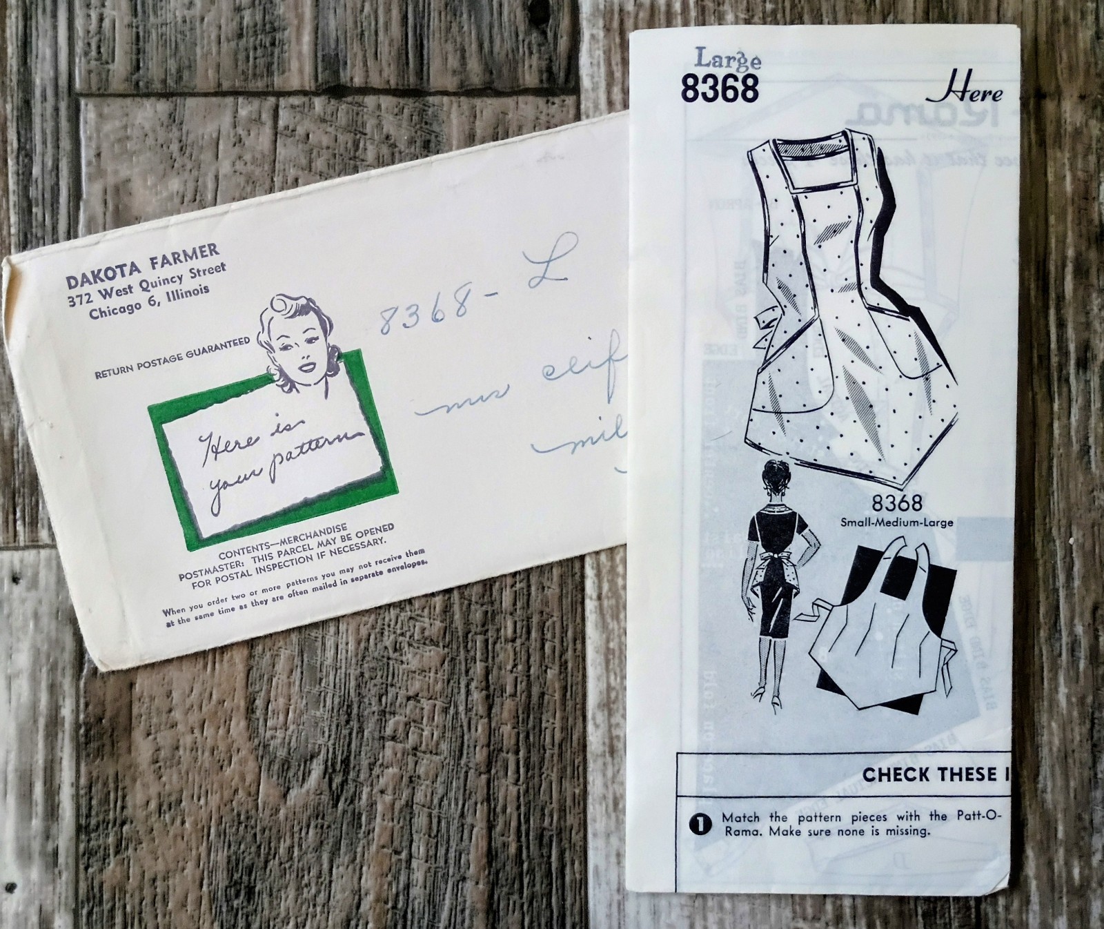 Vintage Mail Order Apron Sewing Pattern Dakota Farmer Size L #8368 Vintage Mail Order Apron Sewing Pattern Dakota Farmer Size L #8368