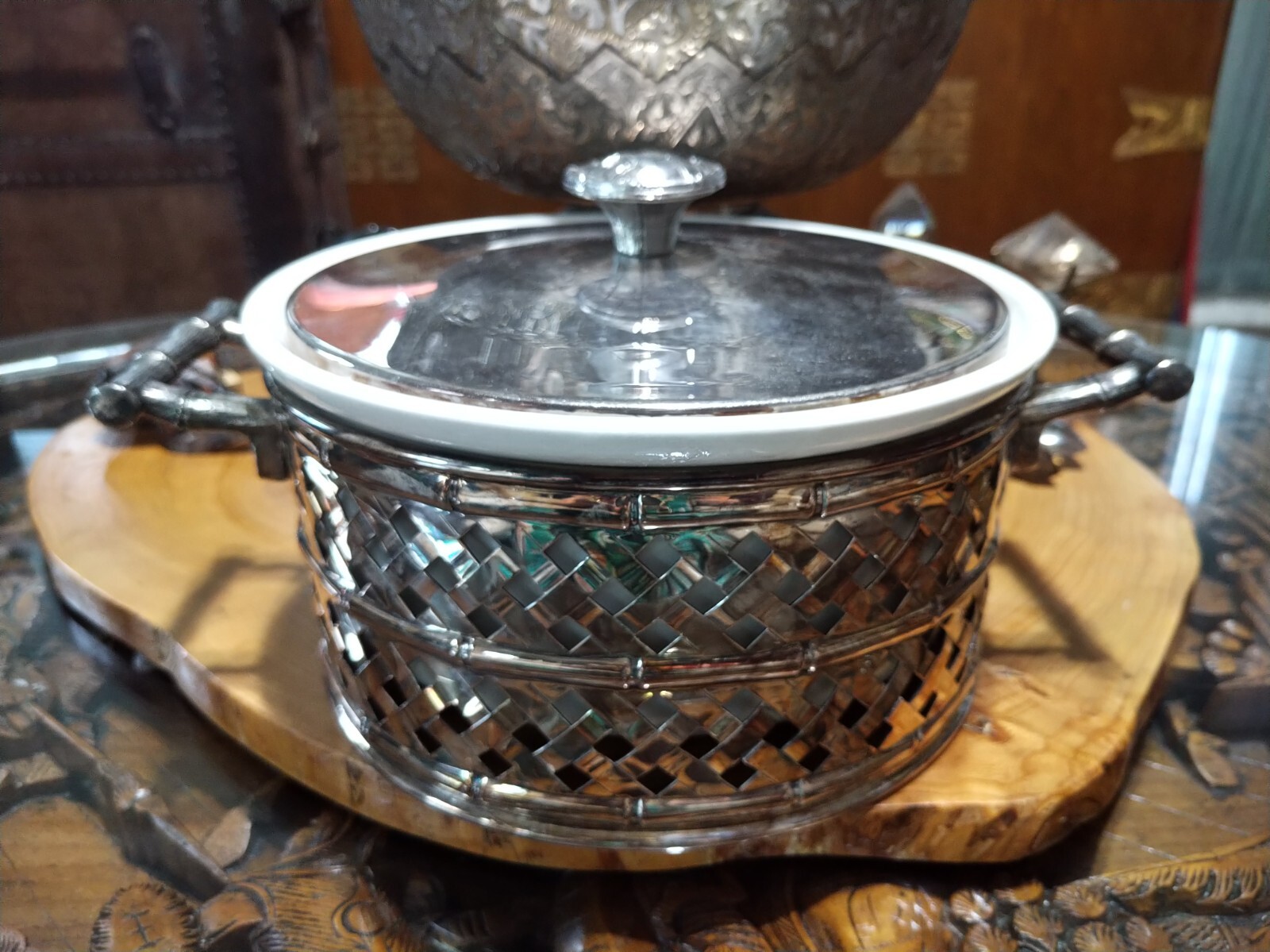 Vintage Hall casserole baking dish with silverplate bamboo lattice holder