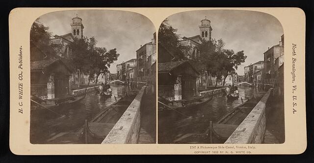 Venice Italy 1902 Side Canal Stereograph Gondolas Bridge Church Tower