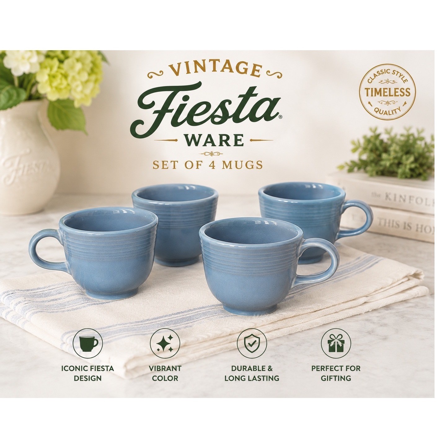 VTG Retired Fiesta Ware Periwinkle Blue Mugs Mid Century USA Made Set of 4