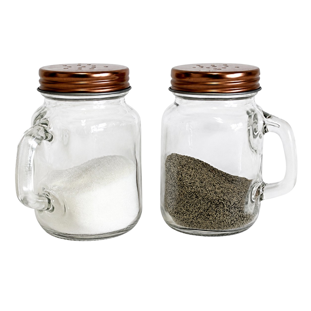 4 oz Glass Salt Pepper Shaker Set Mason Jar Style Handles Metal Lids 2 Piece