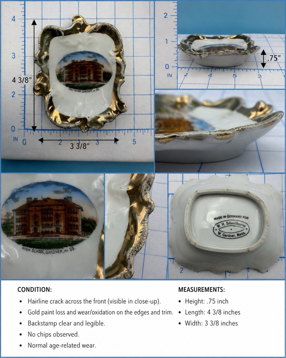 Antique Germany Gardner MA High School Porcelain Souvenir Dish Silverthorne