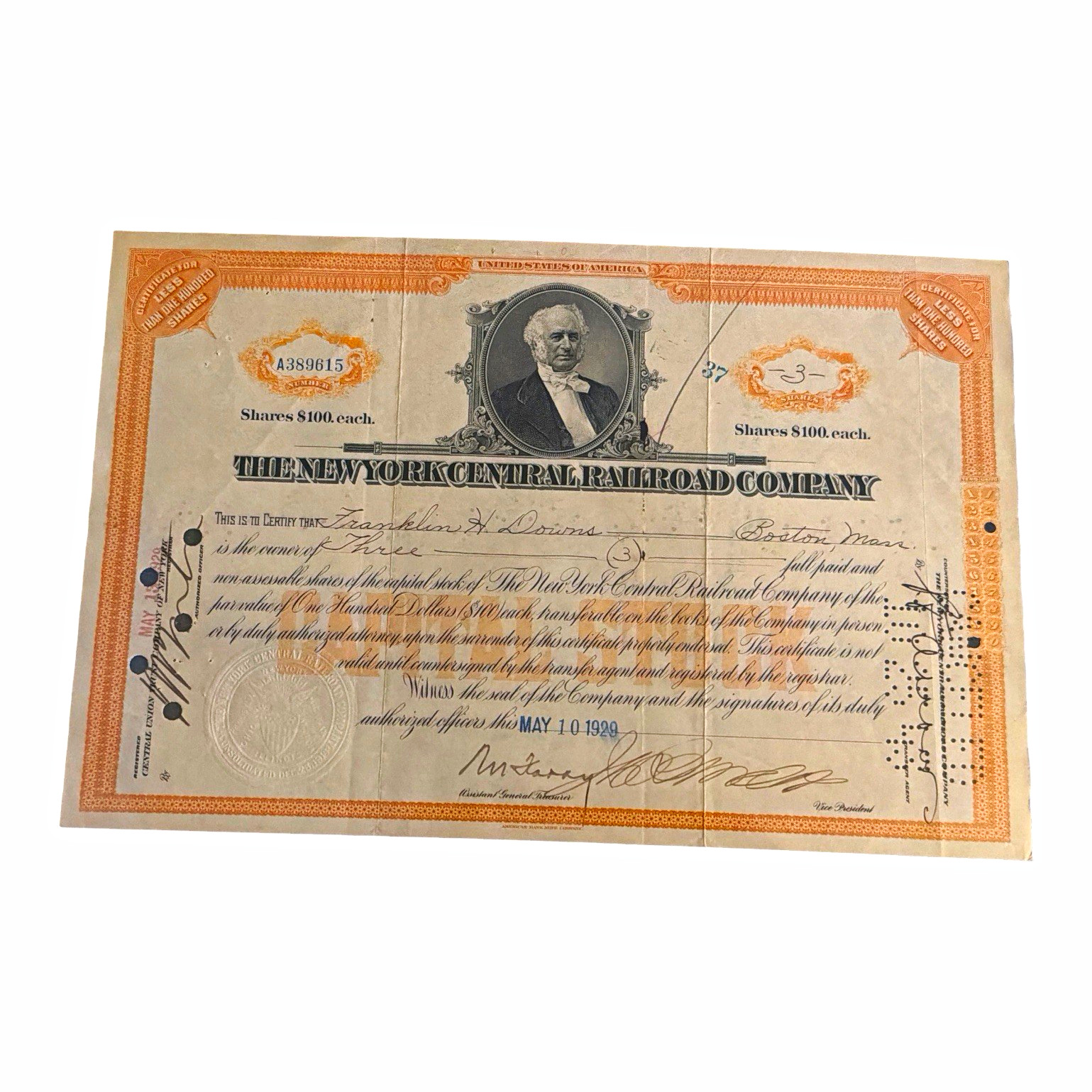 New York Central Railroad Company Stock Certificate, 1929 (May 10) Signed
