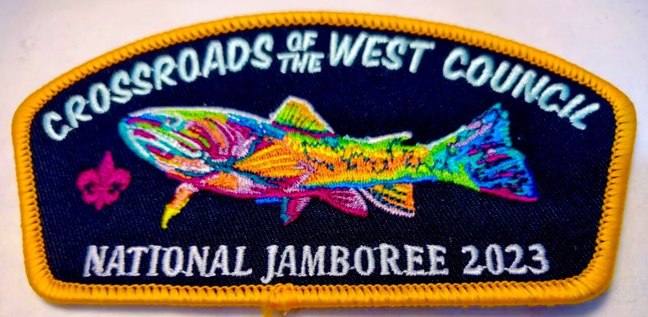 BSA CROSSROADS OF THE WEST OA AMMATDIIO 590 2023 JAMBOREE PATCH FISH JSP STAFF