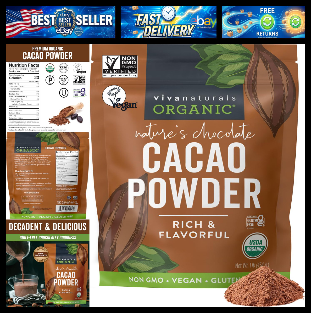 Organic Cacao Powder, Unsweetened, 1 lb (454 g) – Rich Dark Chocolate Flavor, Pe