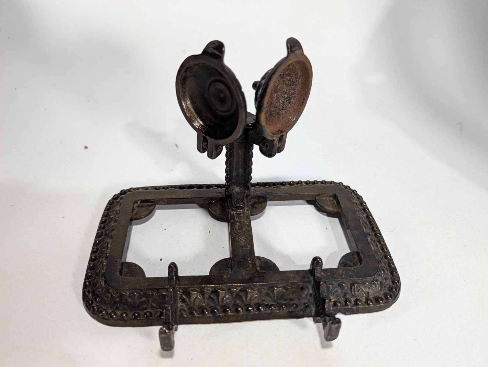 Vintage Cast Iron Ornate Double Inkwell Stand - Late Victorian?