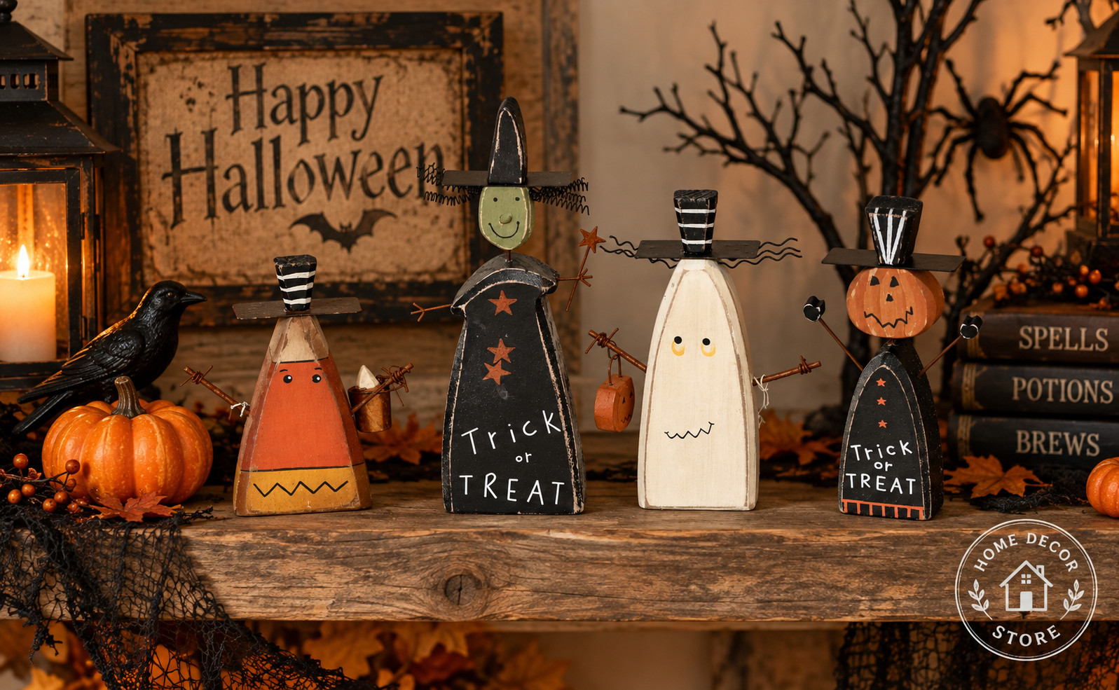 Primitives by Kathy Halloween Sitter Set 4 Witch Ghost Pumpkin Rustic Decor