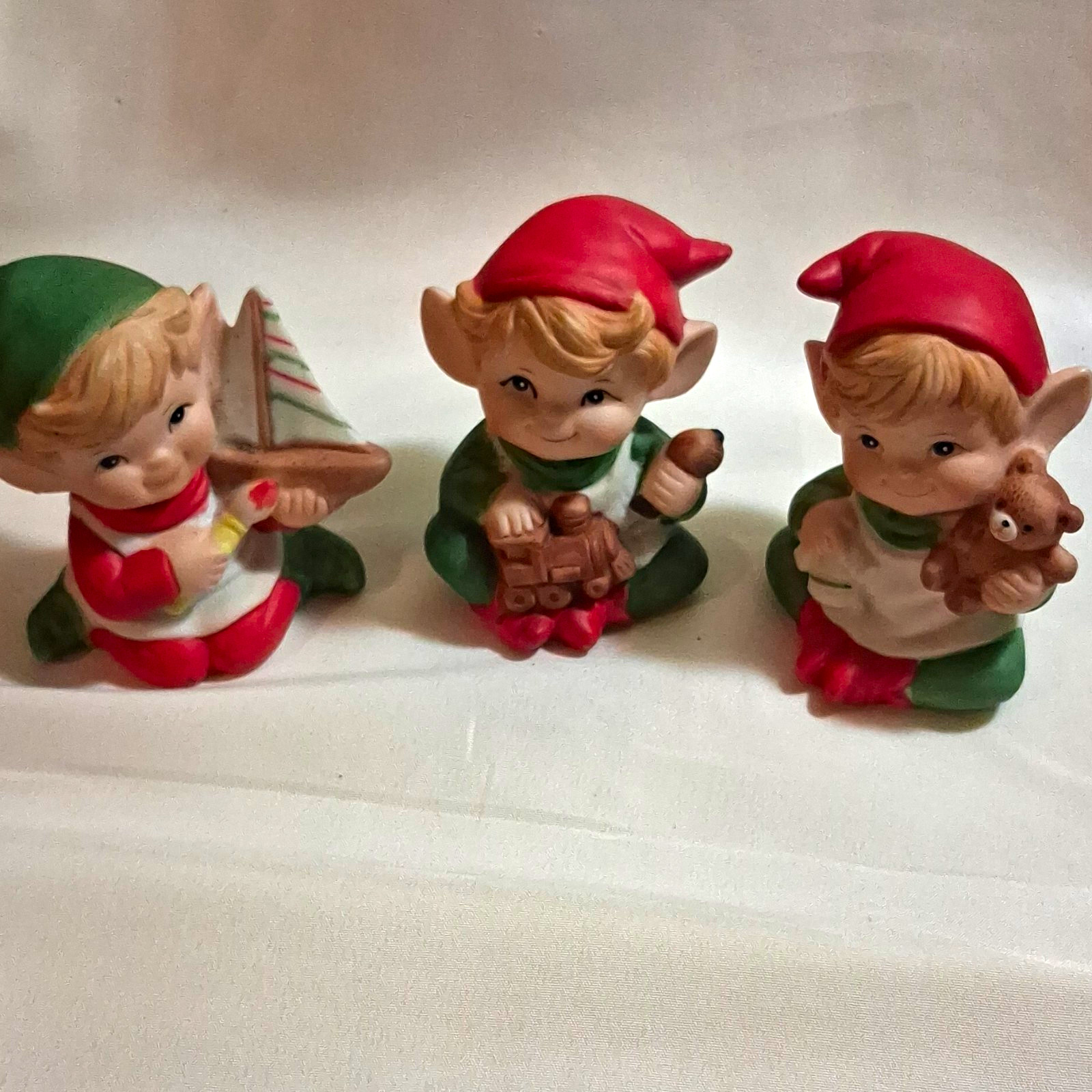 Vintage HOMCO Set of 3 Elf Figurines Fantasy Elves Sailboat Train Teddy Bear