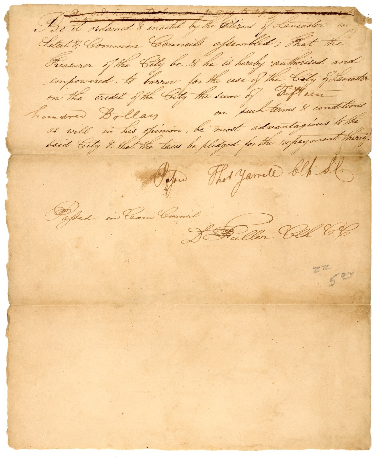 19th Century Document Lancaster Borrow Money Thom Yarnell D. Fuller Clerks 1825
