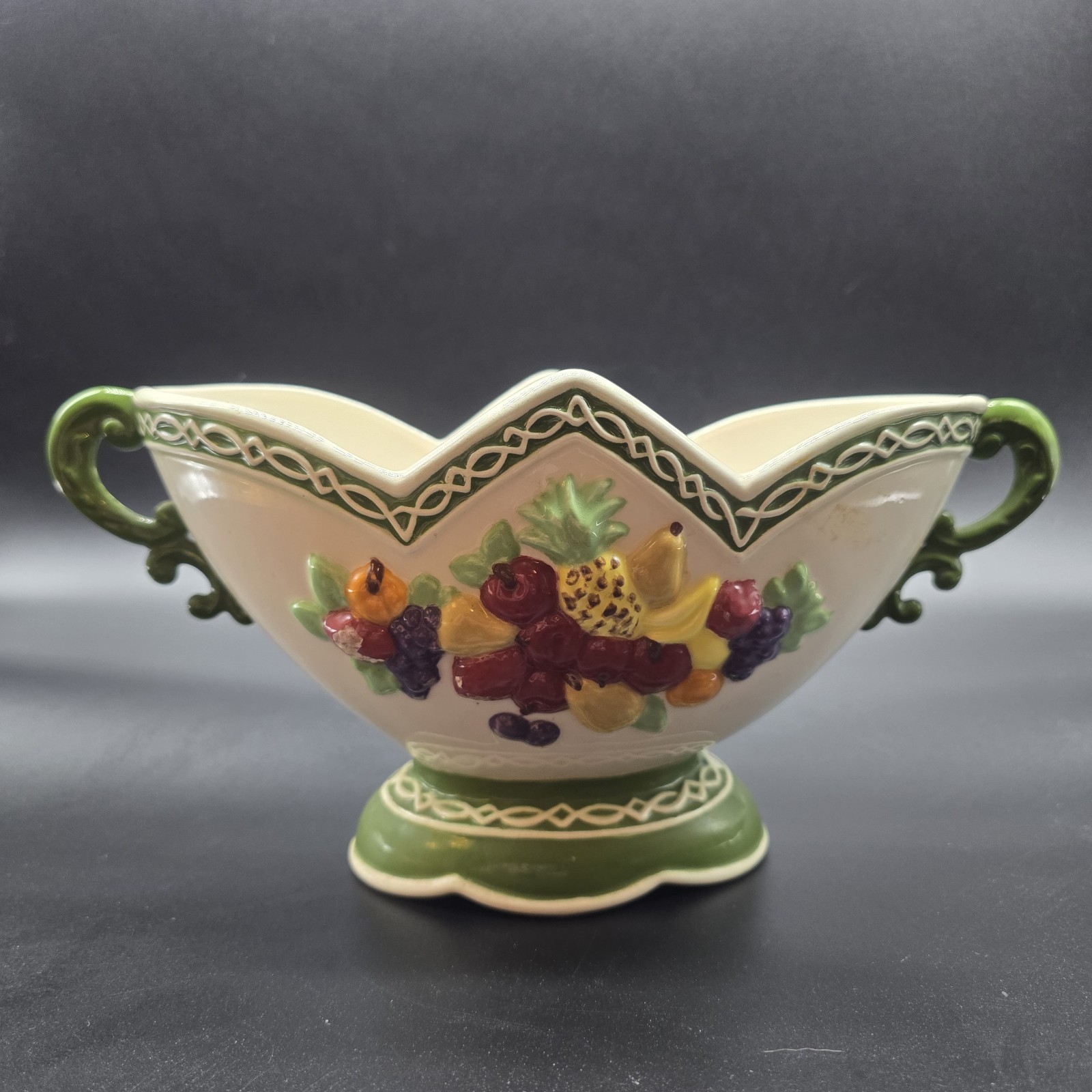 Vintage Porcelain Double Handle Jardiniere Planter Fruit MCM Footed Centerpiece Vintage Porcelain Double Handle Jardiniere Planter Fruit MCM Footed Centerpiece