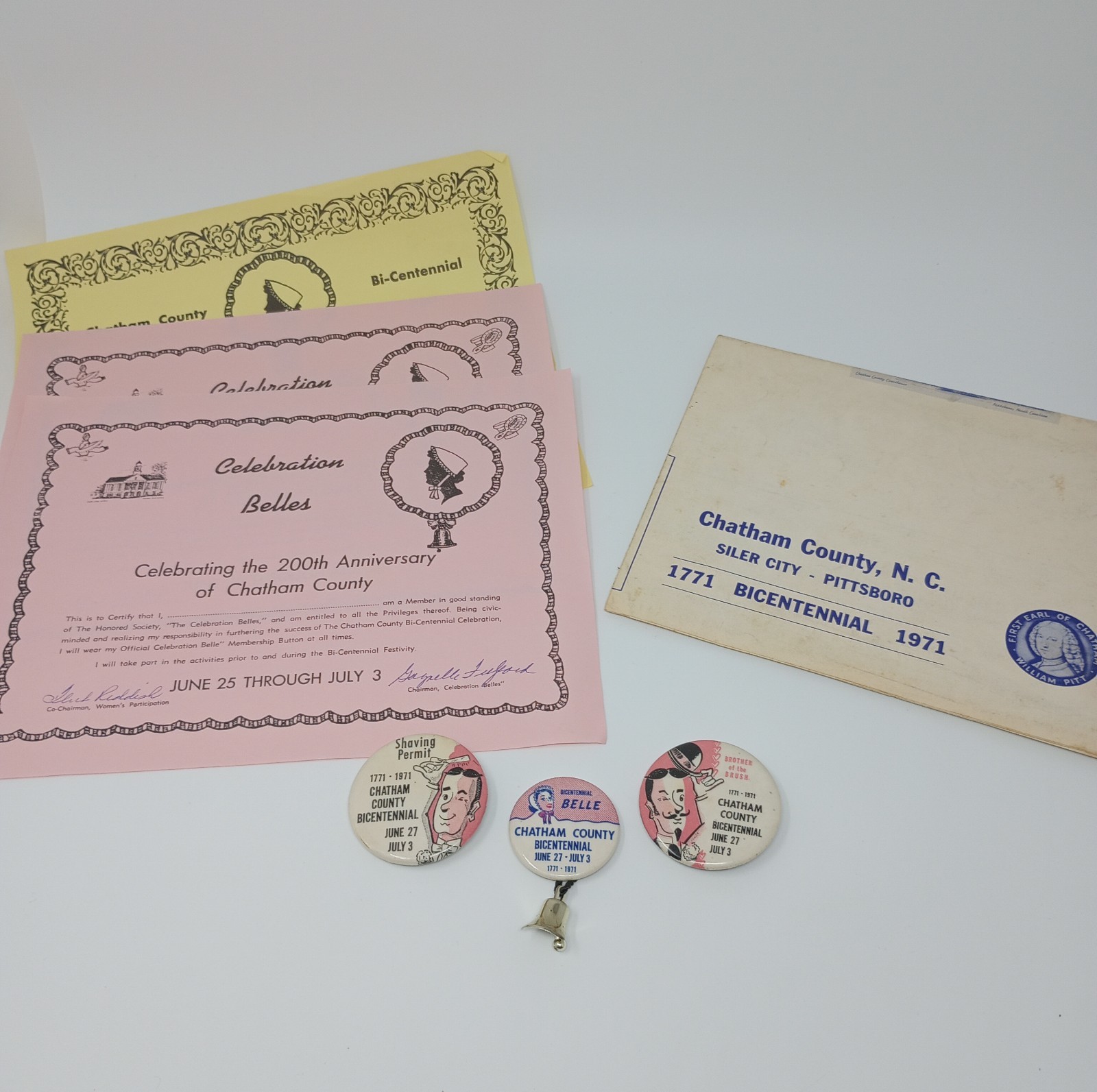 Chatham County NC Bicentennial Lot (Map, Pins, & Certificates) 1771 - 1971