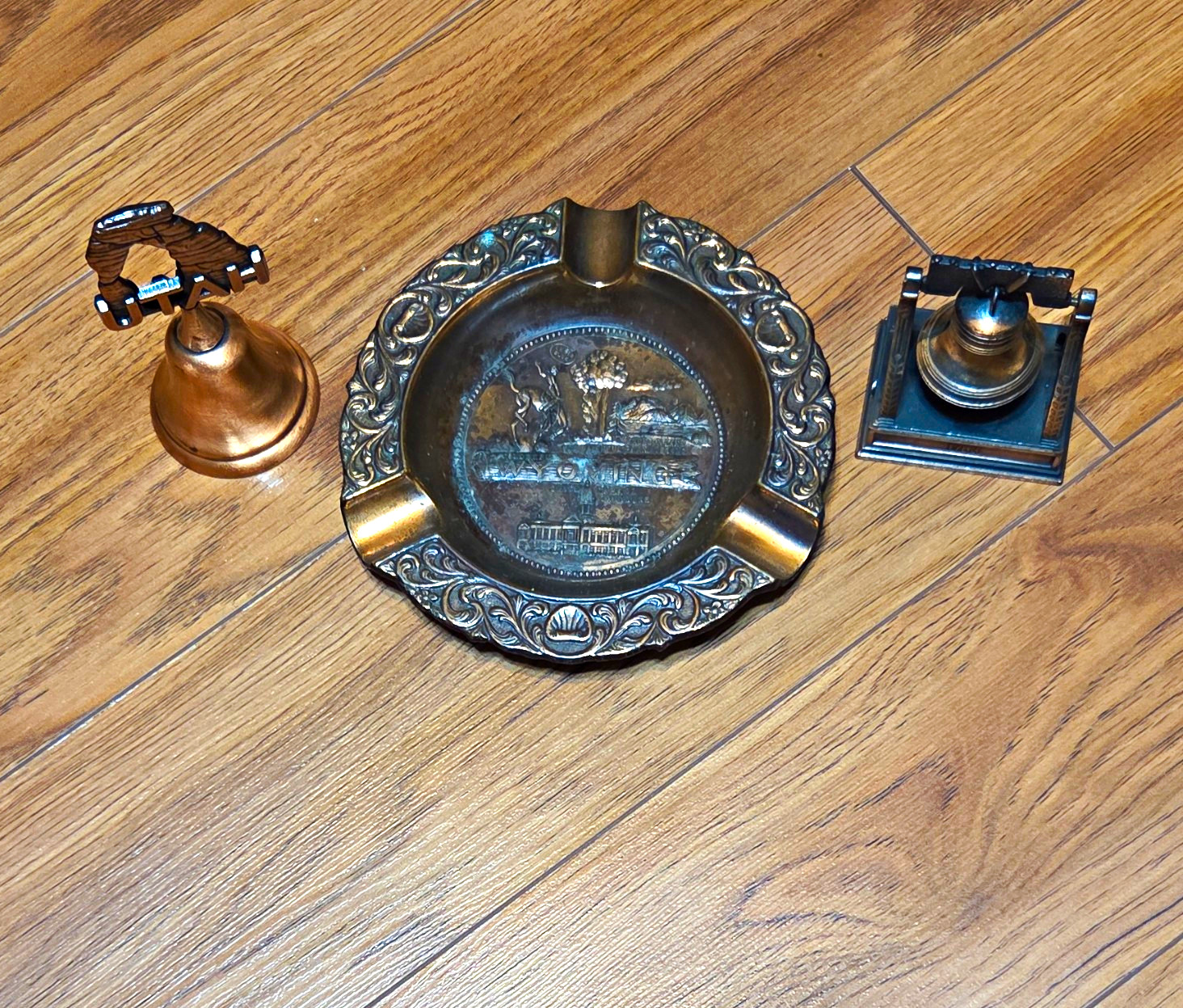 Vintage Metal Tobacco Ashtray with 2 Small Metal Accessories Set of 3