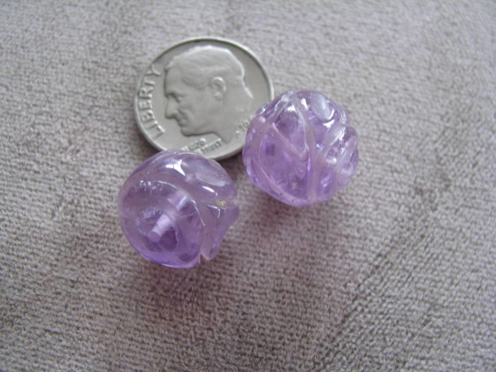 Pr Vintage Natural Carved Amethyst Beads 12mm