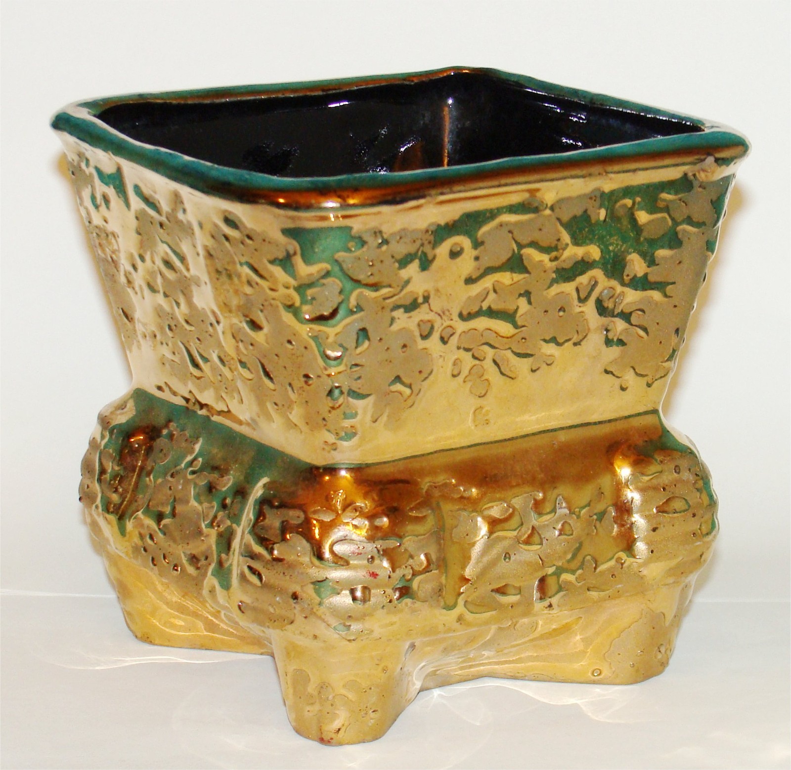 Vtg Weeping Gold Ceramic Planter 4 ½” x 4 ½” x 4 ½” Heavy Square