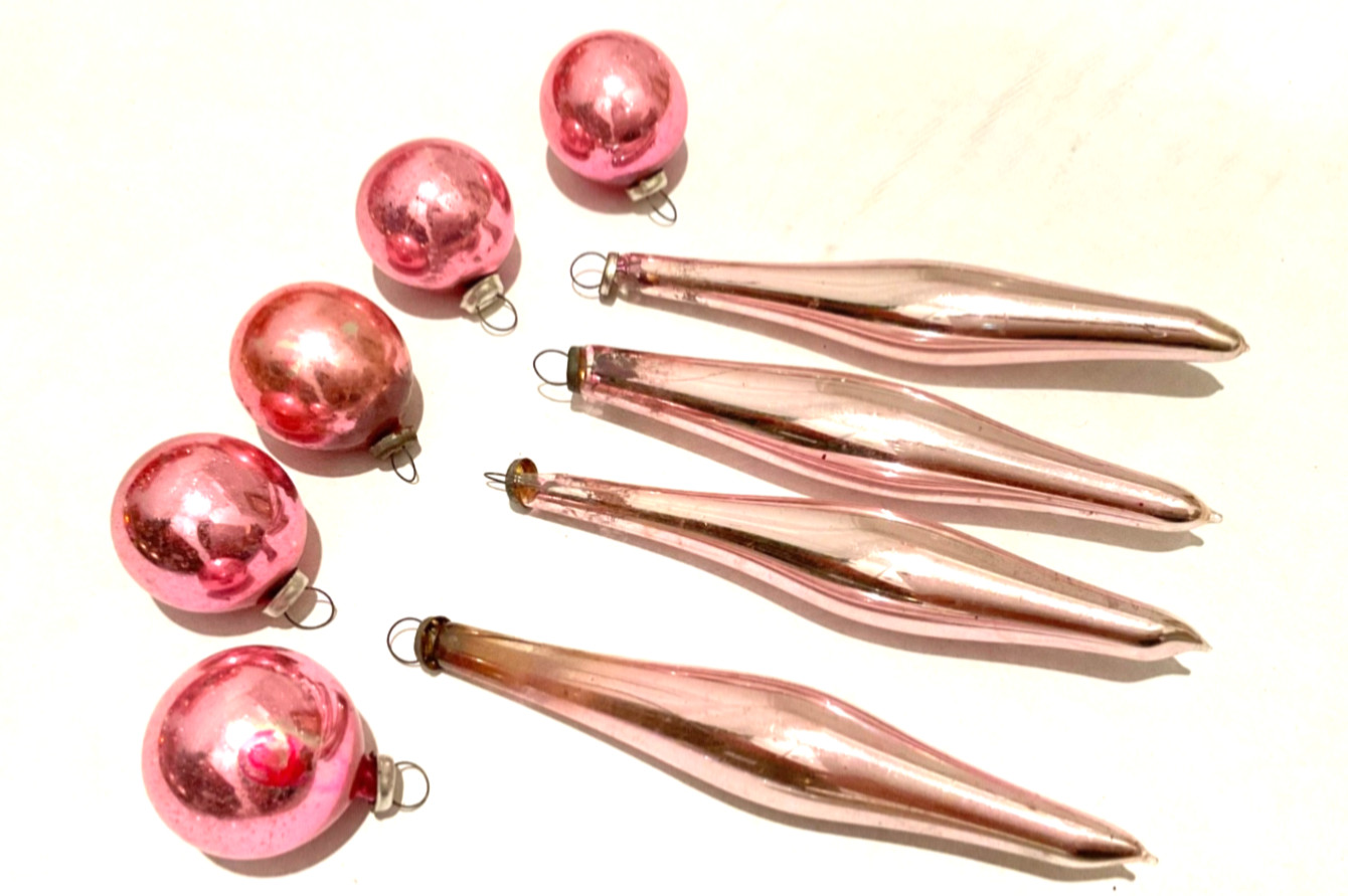 Antique 1940s Pink Glass Feather Tree Christmas Ornaments Japan 9pc.