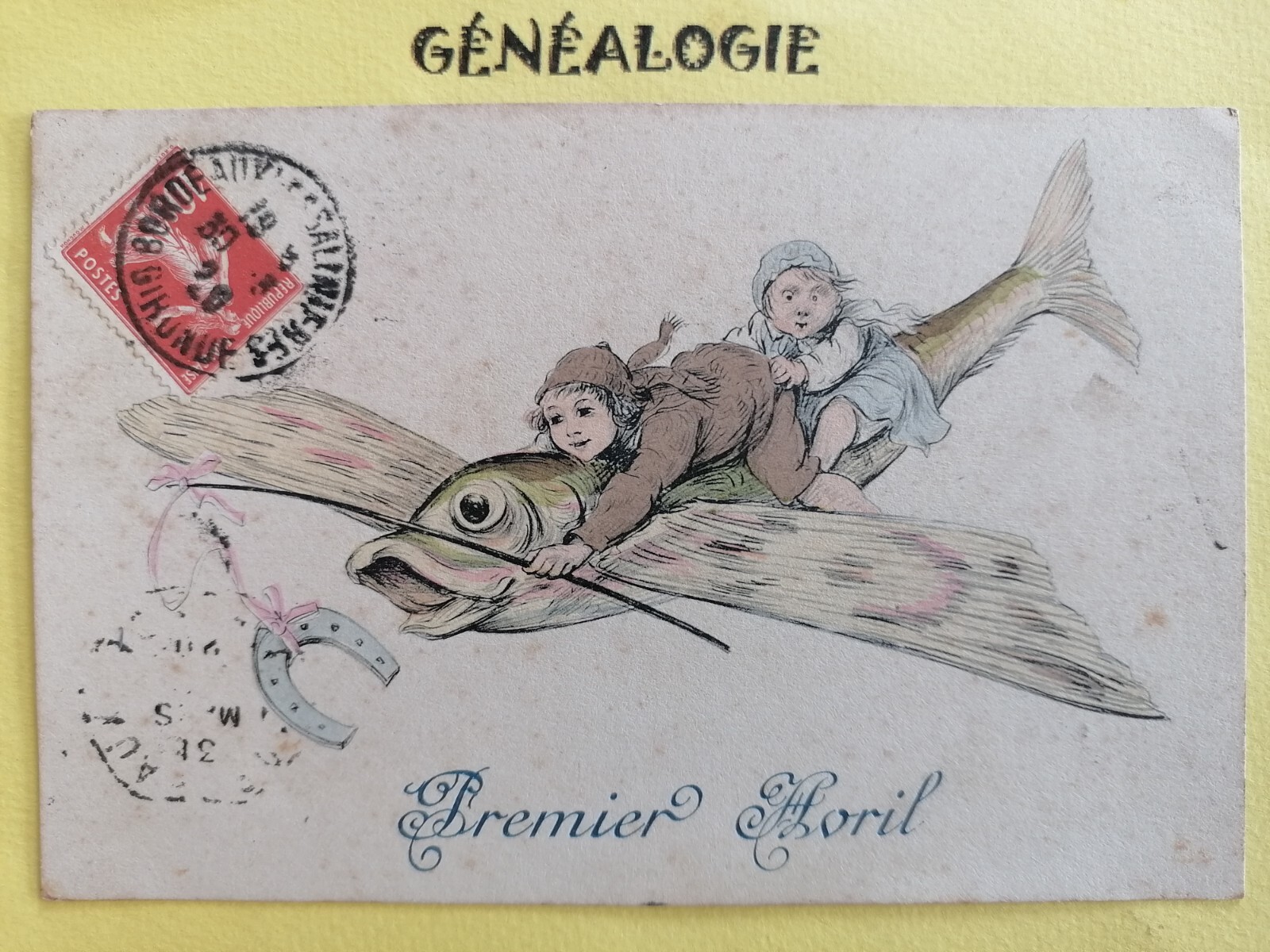 Old postcard 1920 illustration fantasy FLYING FISH airplane airplane 1st April flowers