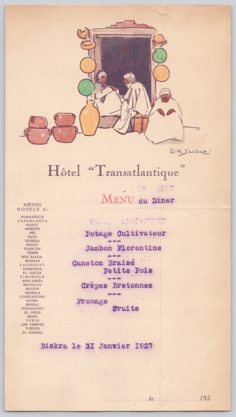 1927 Hotel Transatlantique Menu Biskra Algeria Artist Signed Ed Sandoz B3-68