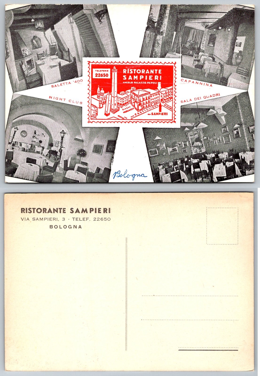 Continental Bologna Italy Ristorante Sampieri Restaurant Night Club Postcard
