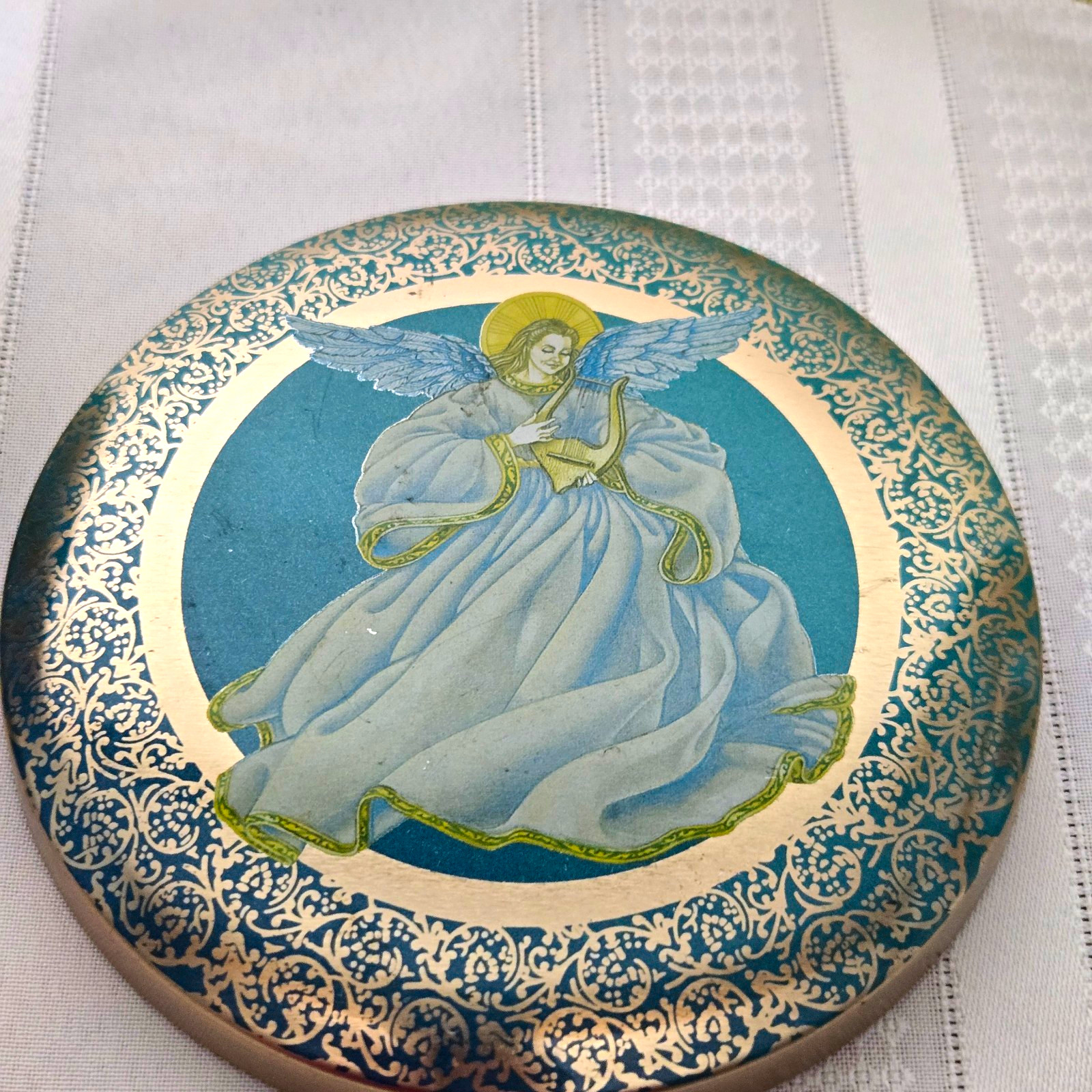 Vtg Meister Made in Brazil Round Metal Tin Angel Trinket Box w/ Lid Blue Gold 