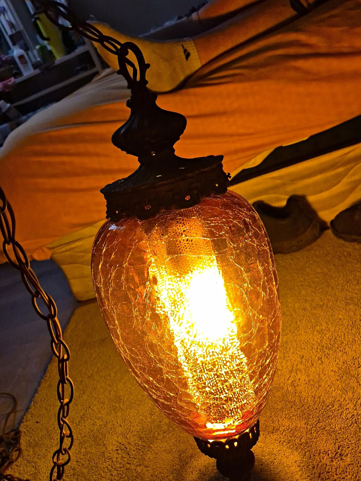RARE Vintage Carl Falkenstein Amber Crackle Glass Swag Lamp MCM Pendant Light