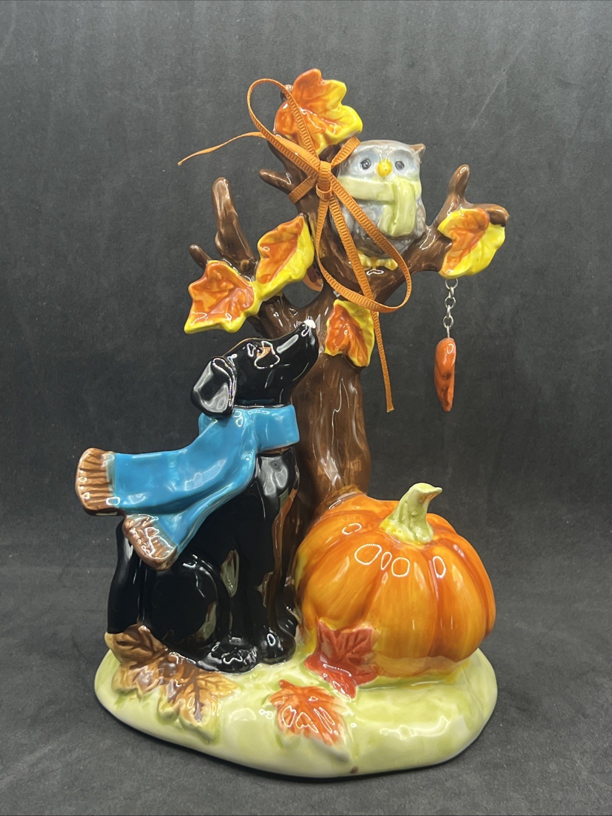 NEW Blue Sky Clayworks Fall Owl On Tree Black Dog Next To Pumpkin And Tree NEW Blue Sky Clayworks Fall Owl On Tree Black Dog Next To Pumpkin And Tree