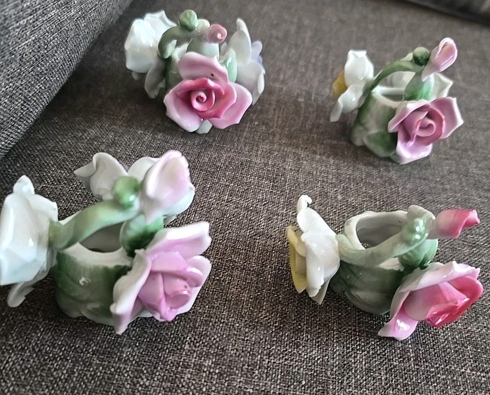 4 Vtg Lefton Porcelain Pillar Candle Holders Ring Of Roses Flowers Pastel