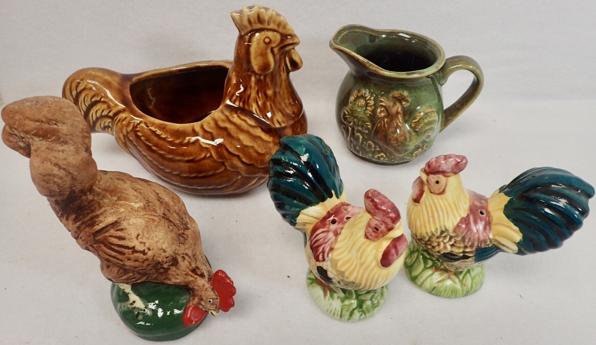lot of chicken & rooster pottery ceramic figurine planter s & p shakers creamer