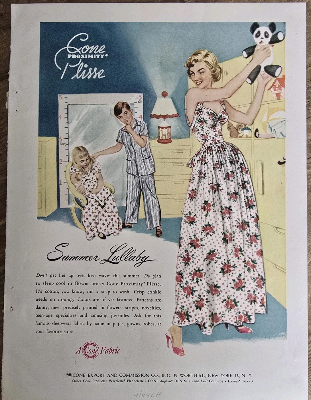 1949 Women's Girls Boys Cone Plisse Cotton Pajamas Gowns Vintage Fashion Art ad