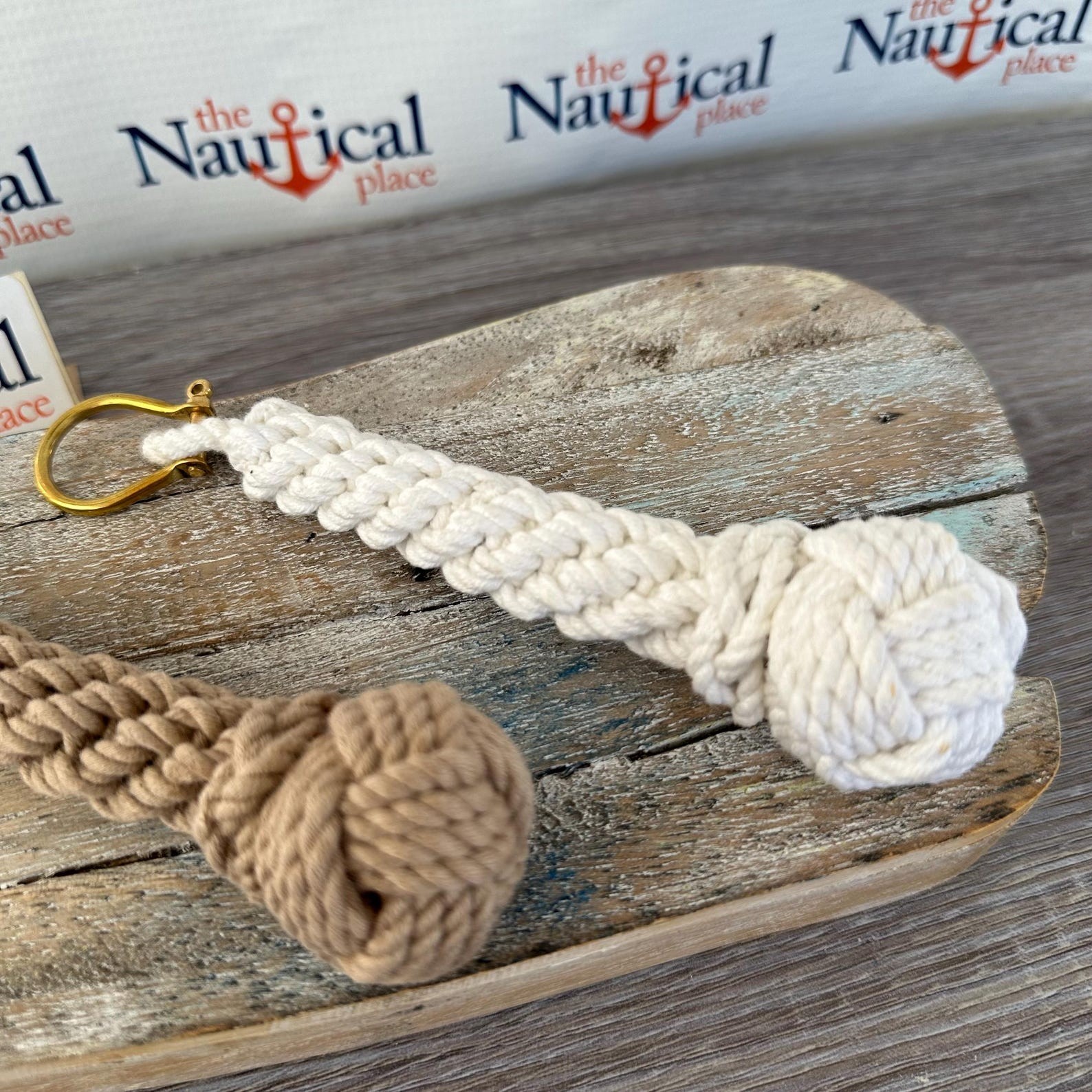 Rope Bell Pull w/ Monkey Fist Knot Ball & Brass Shackle, White, Tan, Green, Blue